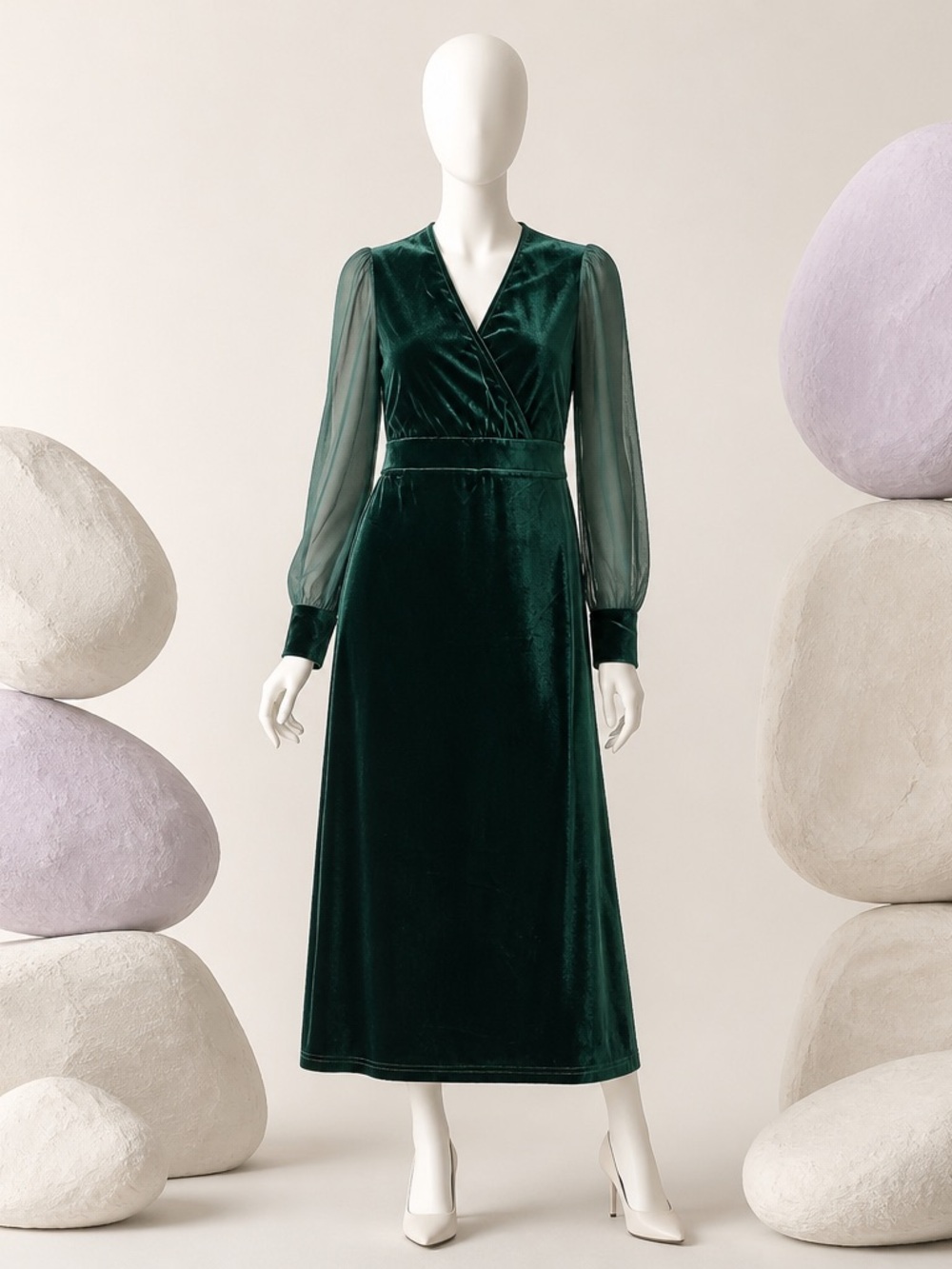 Women’s Elegant Deep Green Velvet Midi Dress with Sheer Sleeves Size L